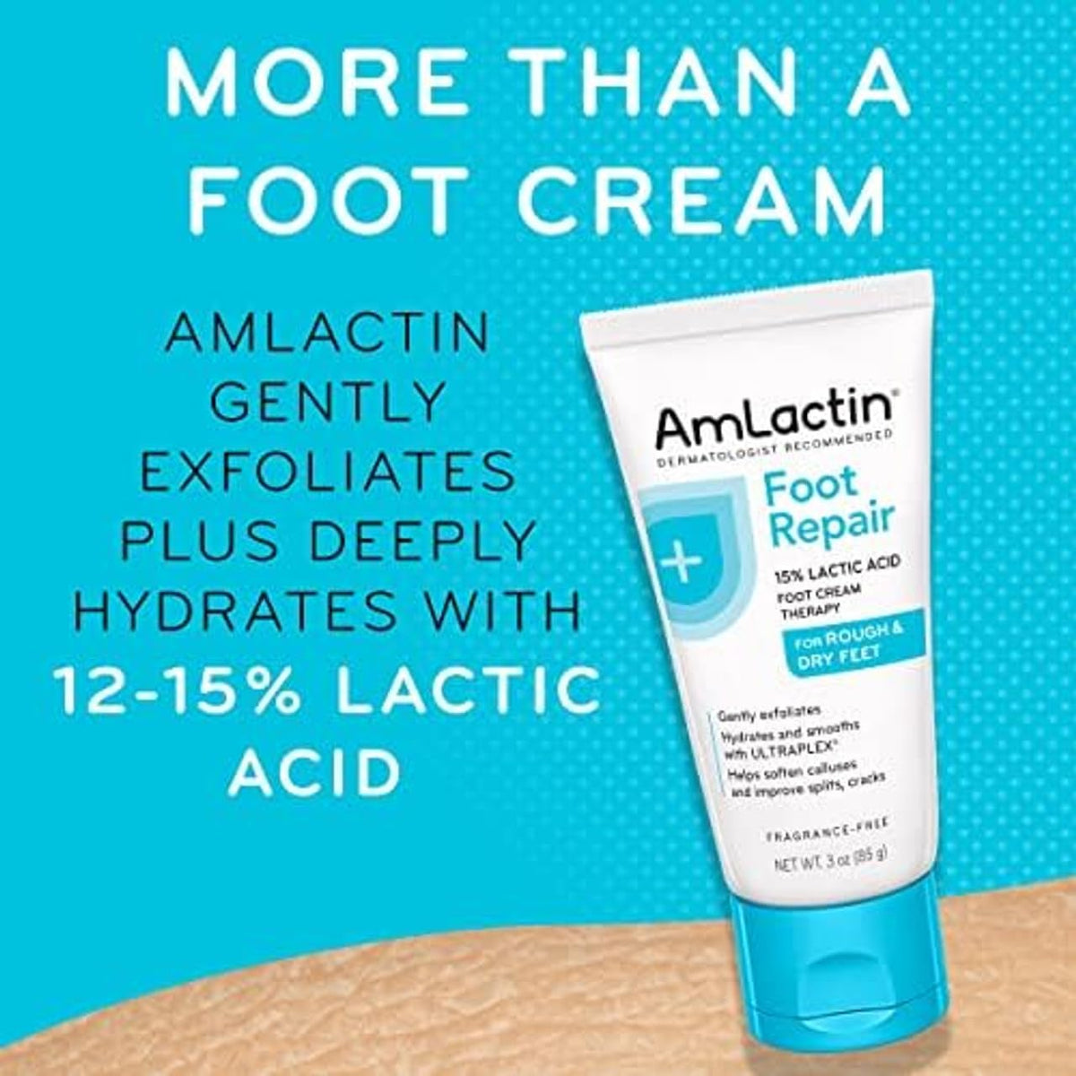 AmLactin label close-up highlighting ULTRAPLEX and exfoliation benefit