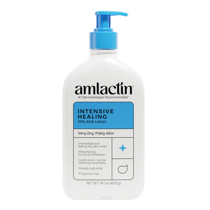 AmLactin pump bottle front view showing label and easy dispensing benefit