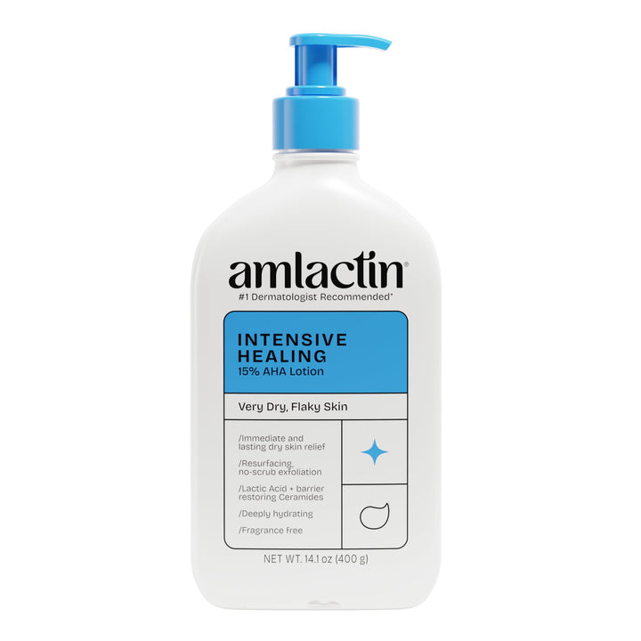AmLactin pump bottle front view showing label and easy dispensing benefit