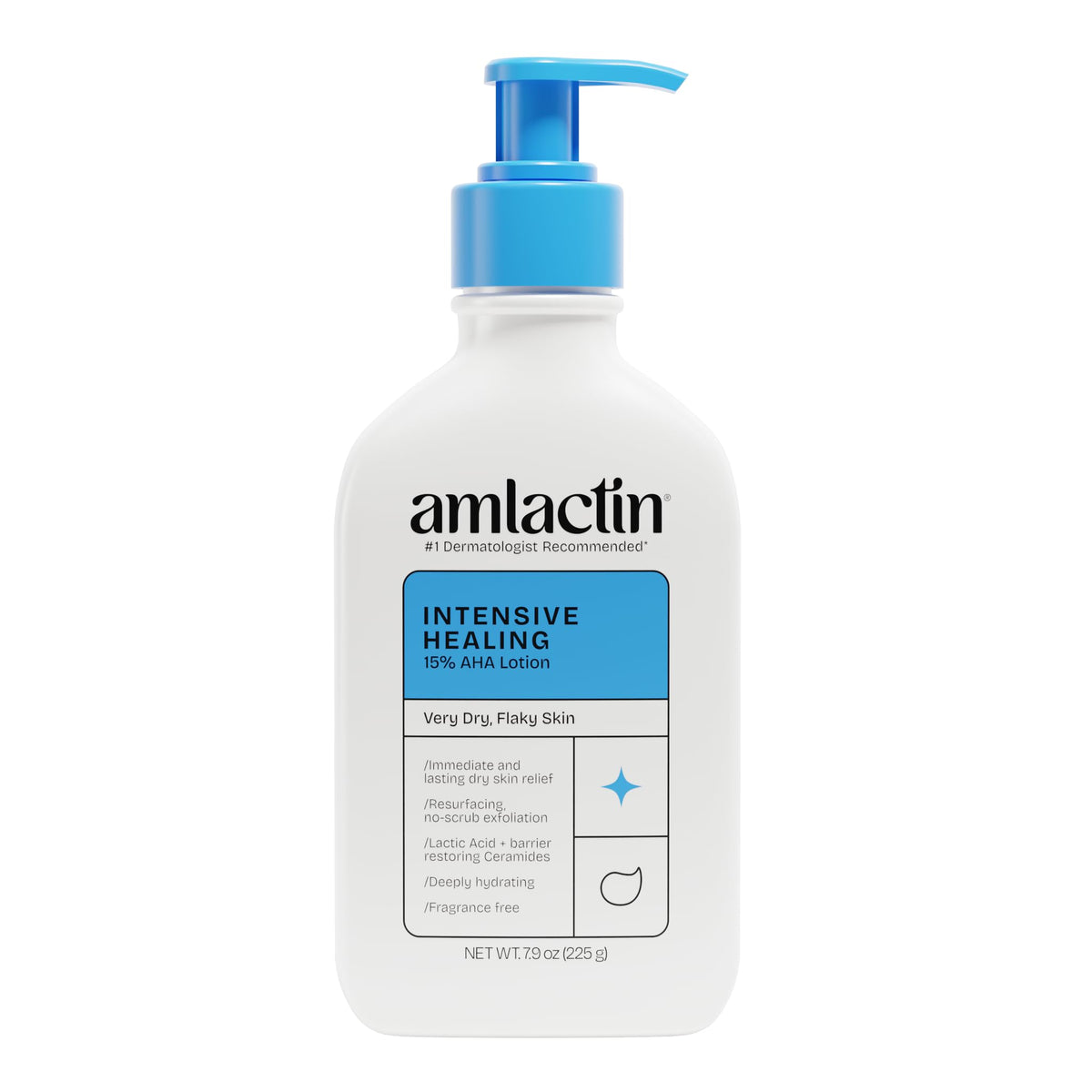 AmLactin front pump bottle showing packaging and easy dispensing benefit