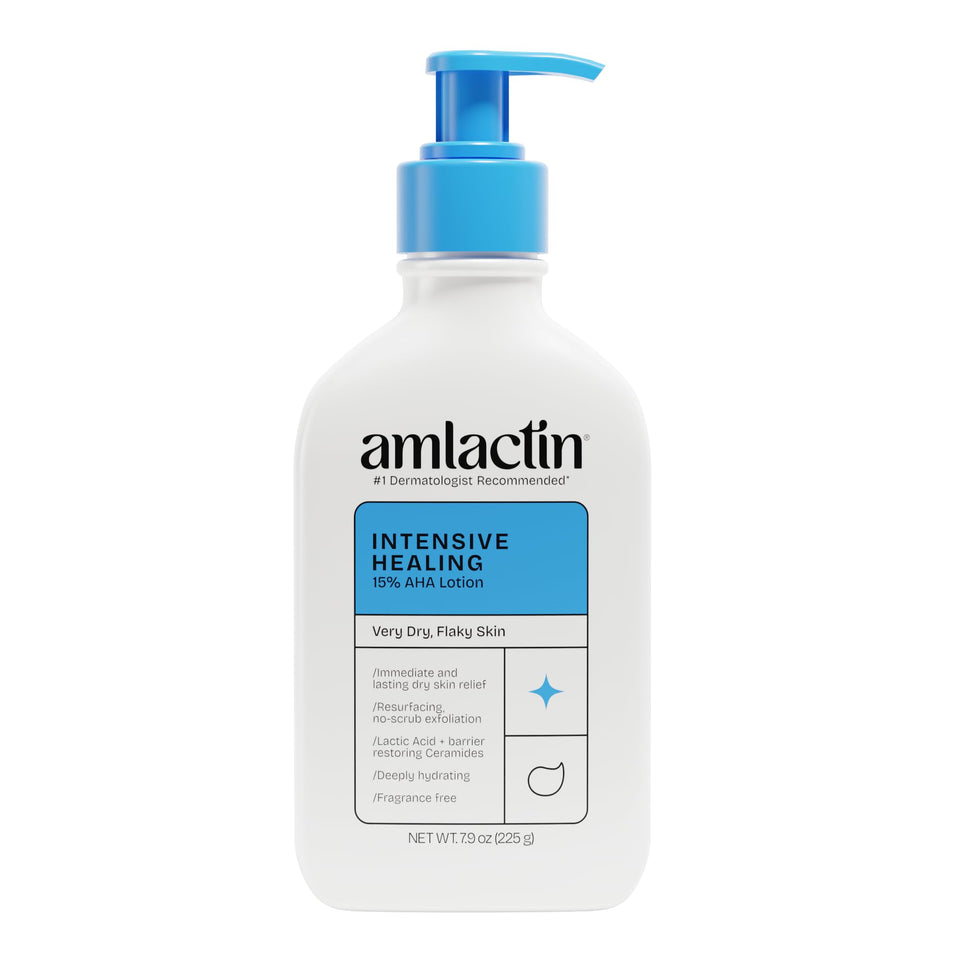 AmLactin front pump bottle showing packaging and easy dispensing benefit