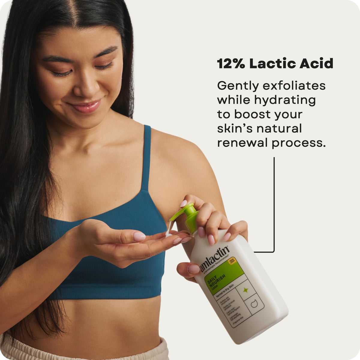 AmLactin pump dispensing lotion onto hand for convenient, mess-free application