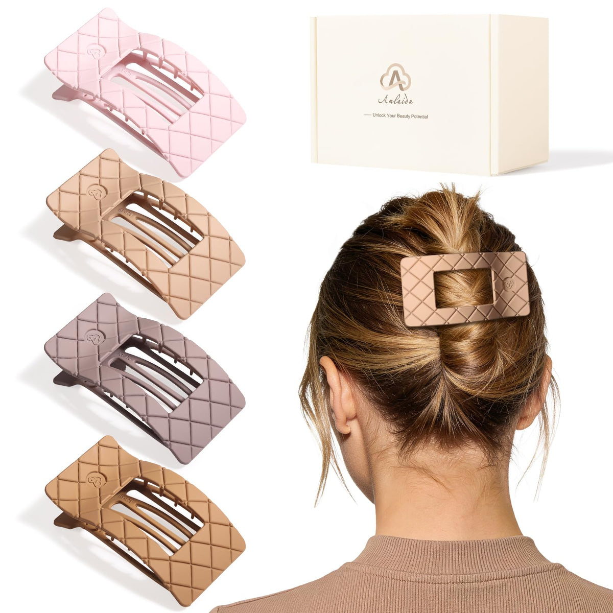 Amlaidu front packaging showing four flat hair clips and gift-ready box benefit tidy storage