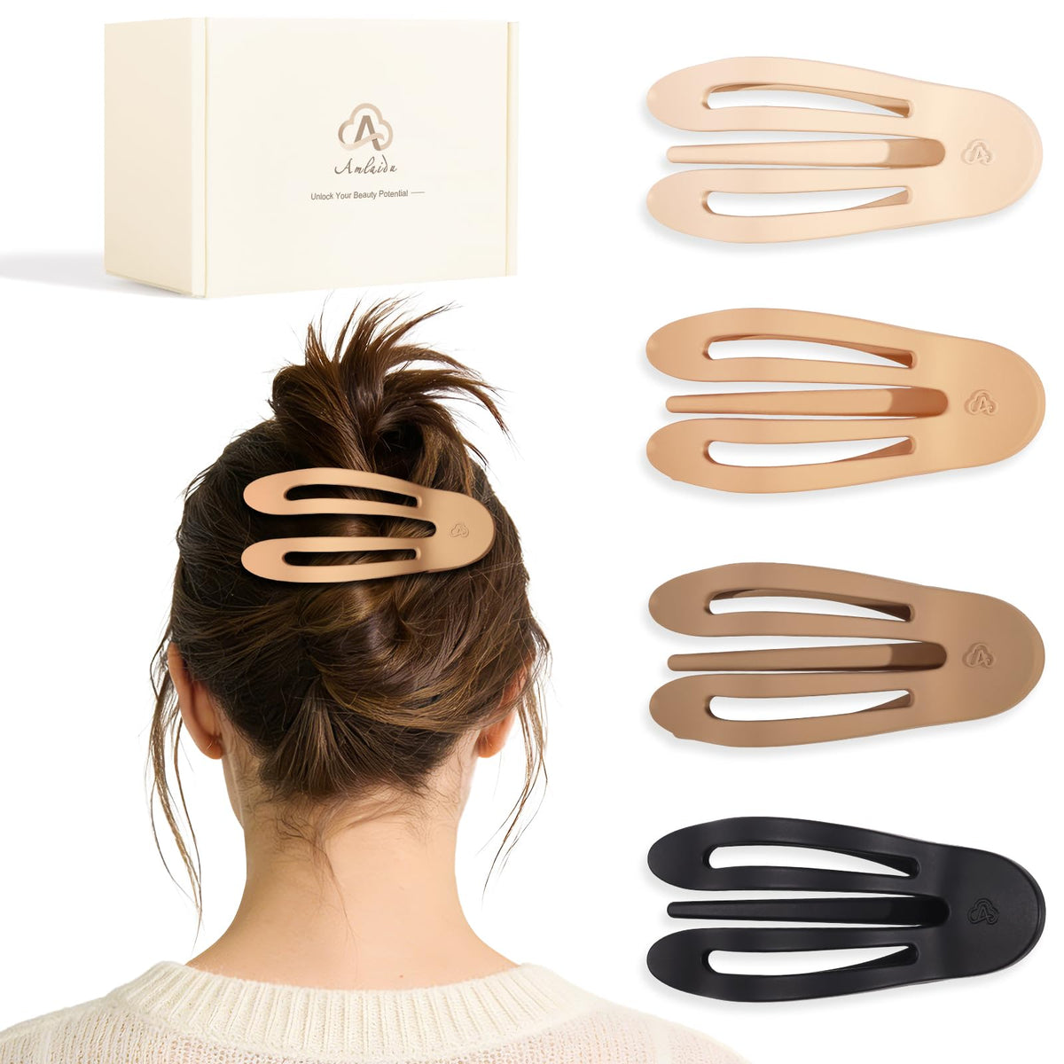 Amlaidu front packaging showing four matte flat clips, neat presentation and gift-ready