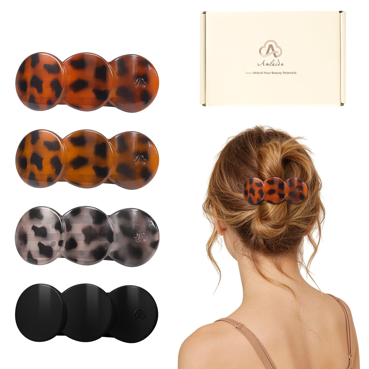 Amlaidu front view showing tortoise clip and slim profile for elegant hold