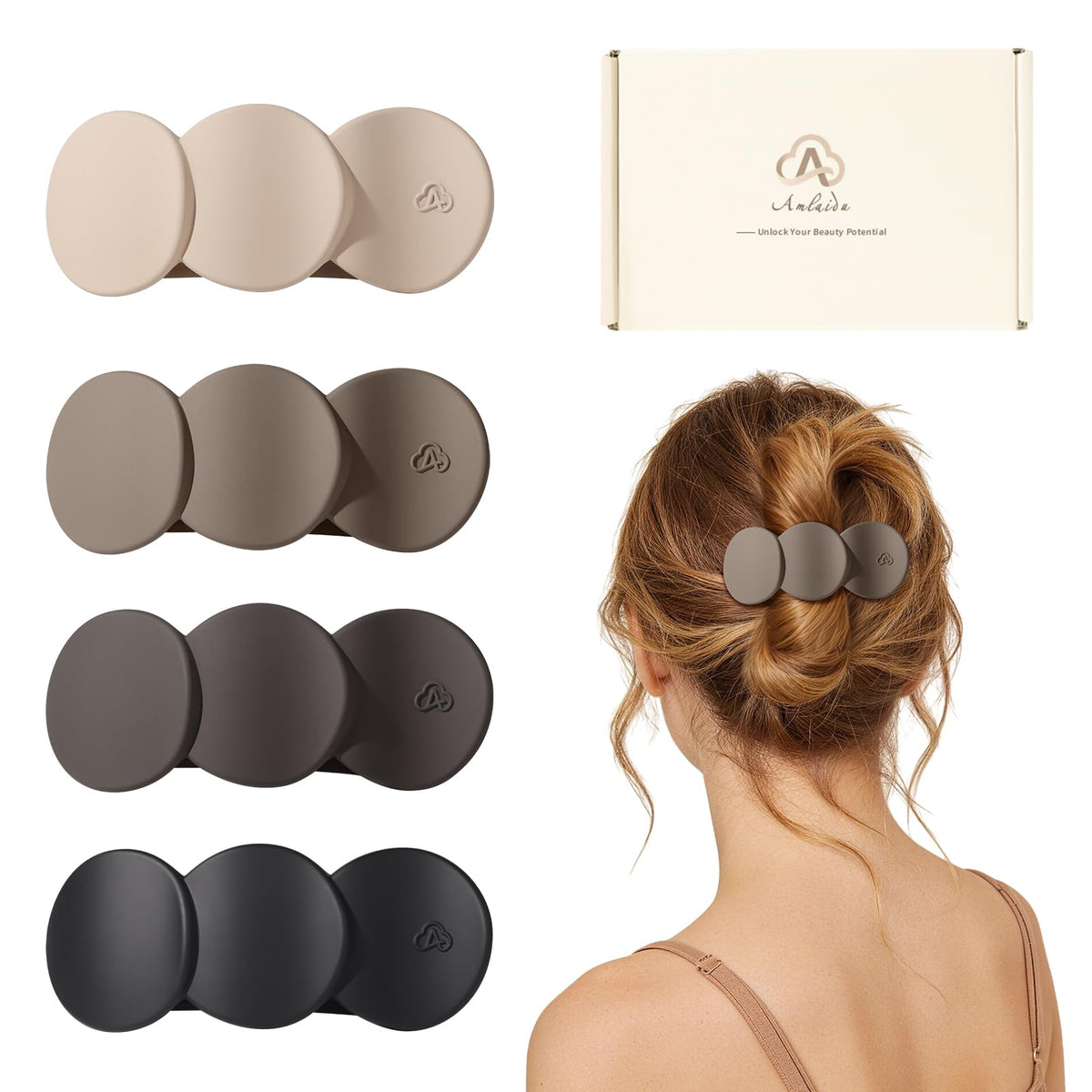 Amlaidu front view showing four neutral colored clips, neat secure hold