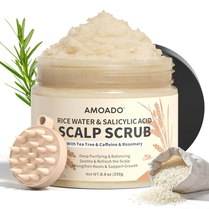 AMOADO front packaging showing rice water scalp scrub, clear benefits visible