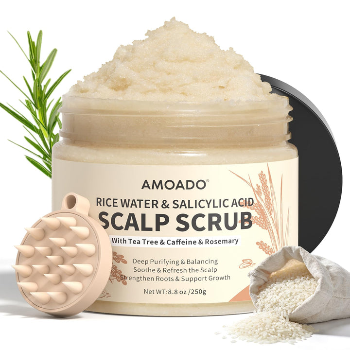 AMOADO front packaging showing rice water scalp scrub, clear benefits visible