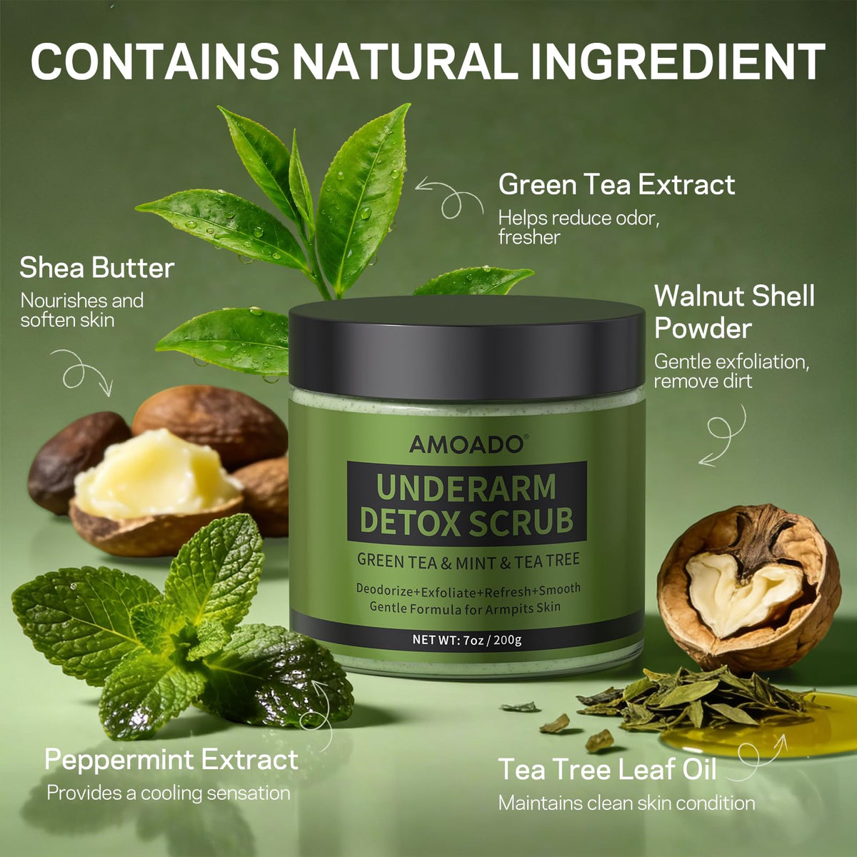 AMOADO green tea ingredient shot emphasizing natural purification benefit