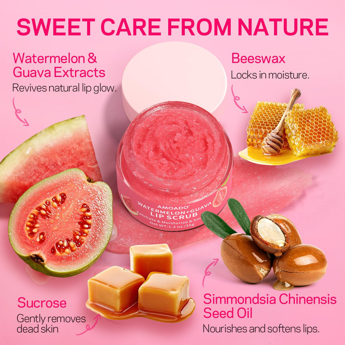 AMOADO open jar texture showing sugar scrub grain for visible exfoliation benefit