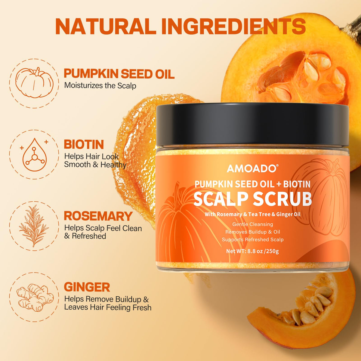 AMOADO textured scrub close-up highlighting gentle exfoliant particles and creamy base