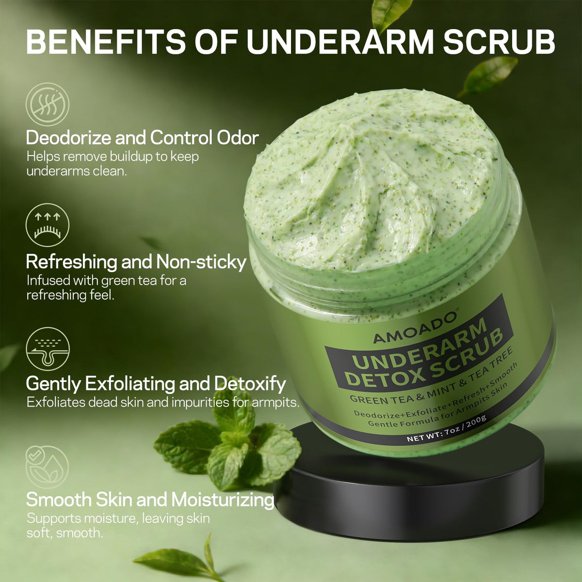 AMOADO scrub texture close-up highlighting gentle exfoliant particles