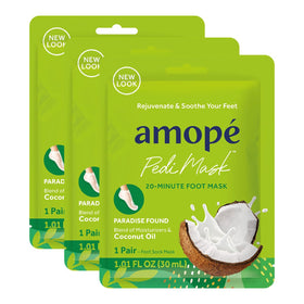 Amope PediMask front packaging showing three pairs and coconut graphic for hydration benefit