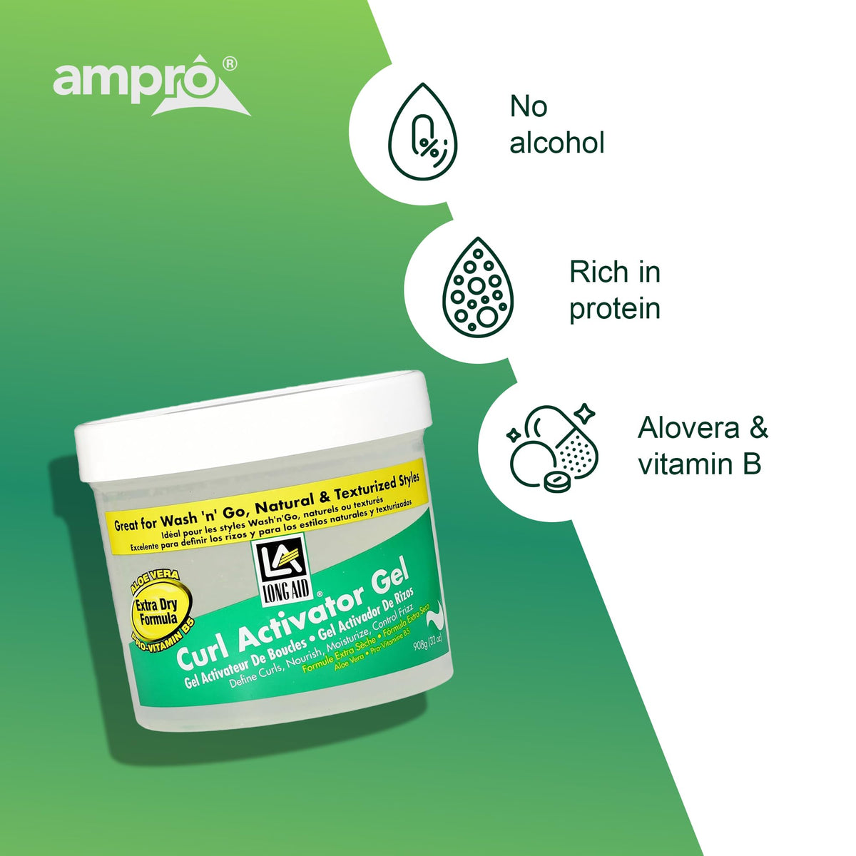 AmPro Long-Aid styled curls on model showing defined, hydrated natural curls