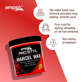 AmPro Marcel Wax label and ingredient panel showing alcohol-free and paraben-free benefit