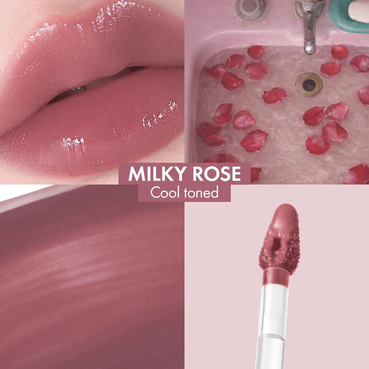 Amuse Milky Rose applicator close-up demonstrating smooth, precise gloss application