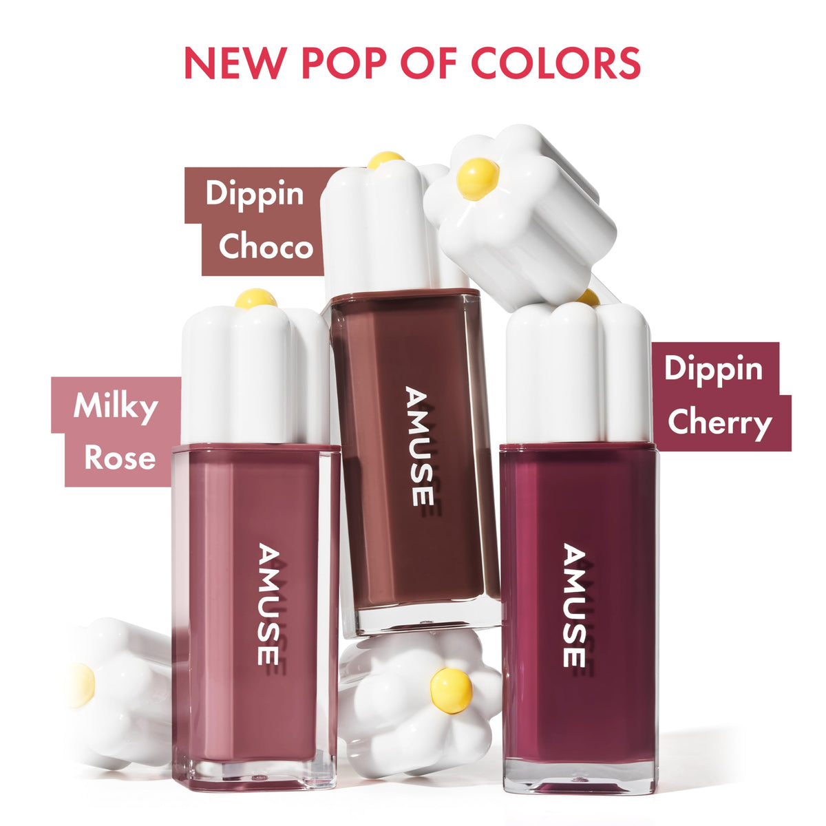 Amuse Milky Rose lip swatch on hand illustrating Milky Rose color payoff and blendability