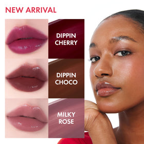 Amuse Milky Rose texture swipe showing glossy, watery sheen and moisturizing effect
