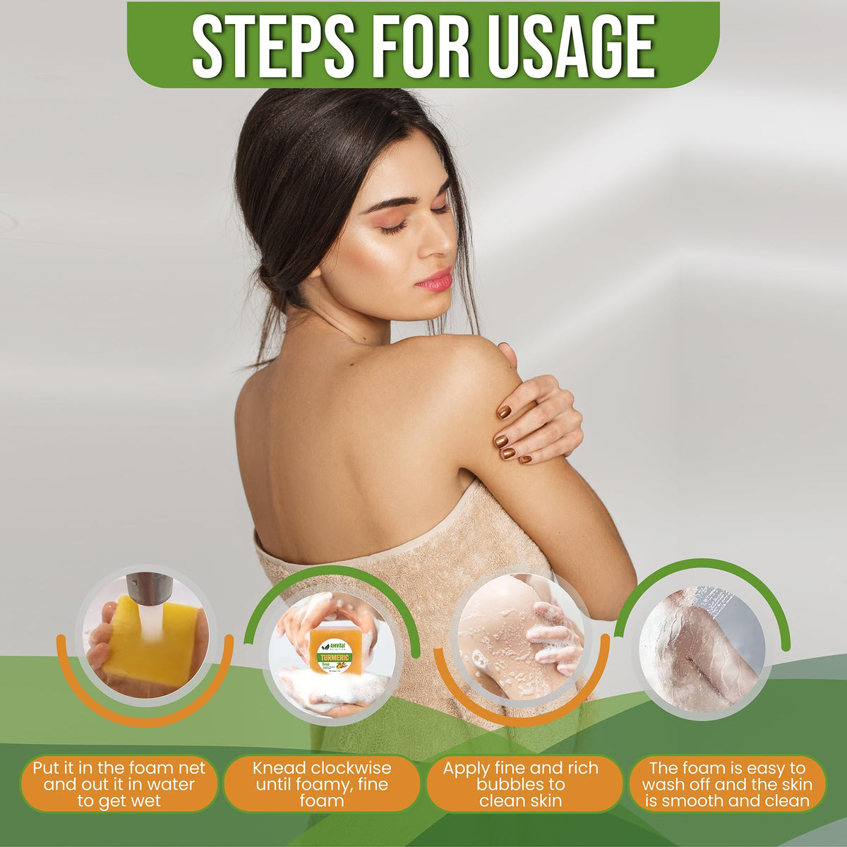 AMVital soap bar next to hand showing compact size and travel convenience
