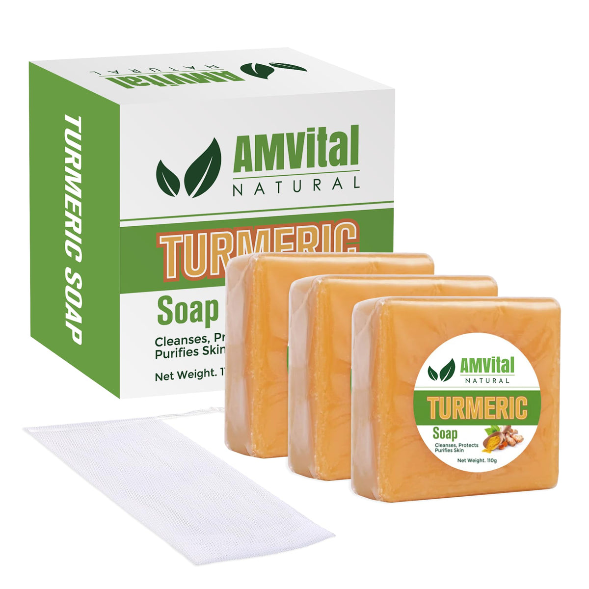 AMVital front packaging showing three turmeric soap bars and benefits
