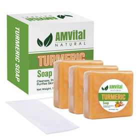 AMVital front packaging showing three turmeric soap bars and benefits