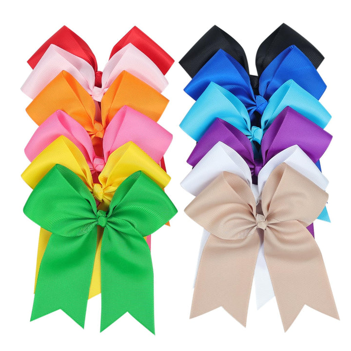 AMYDECOR front view of 5-inch cheer bow shows bold style and long tails