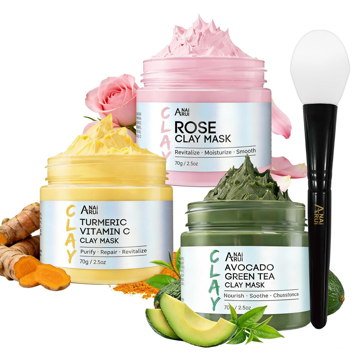 ANAI RUI front packaging trio showing three clay mask jars for easy spa use