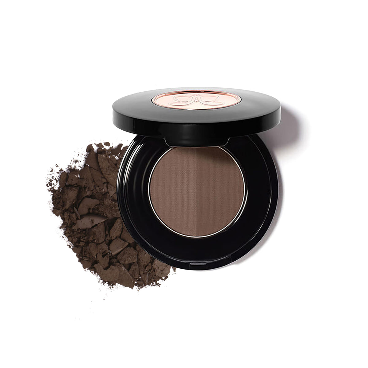 Anastasia Beverly Hills compact front view showing ebony shades and sleek casing benefit portable grooming