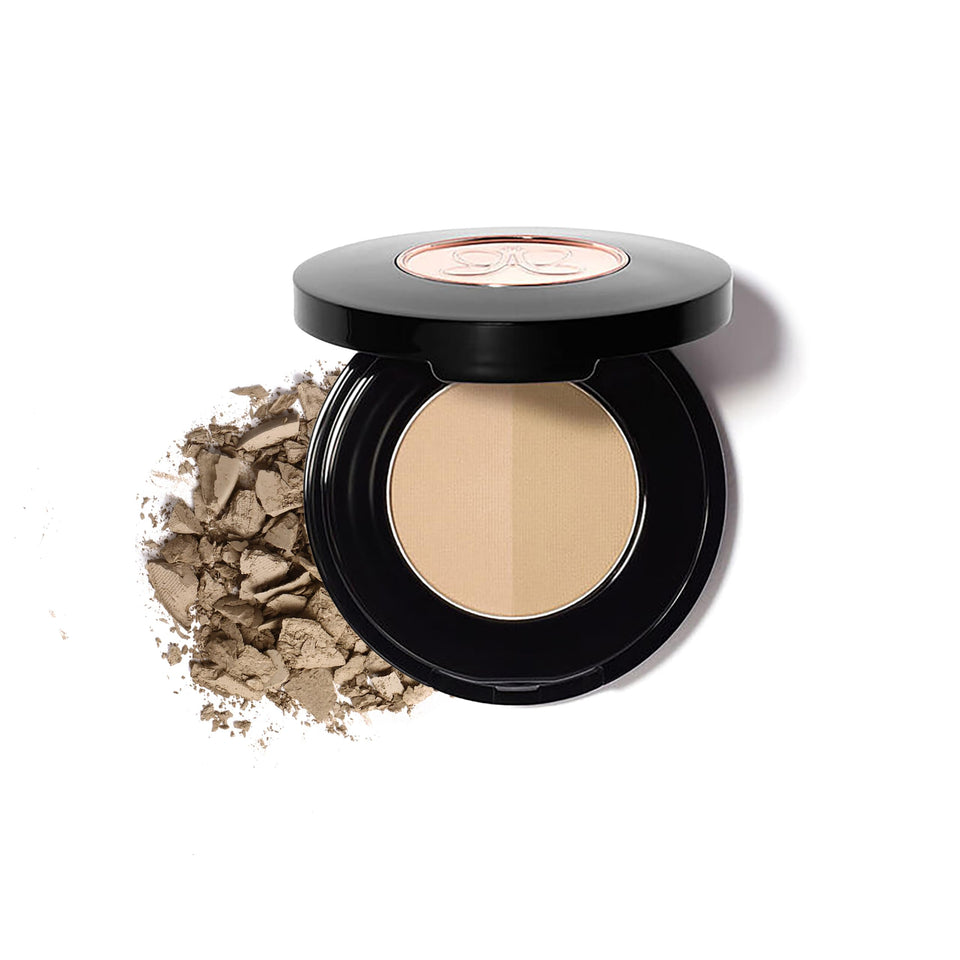 Anastasia Beverly Hills compact front view showing slim mirrored case and dual shades for portability
