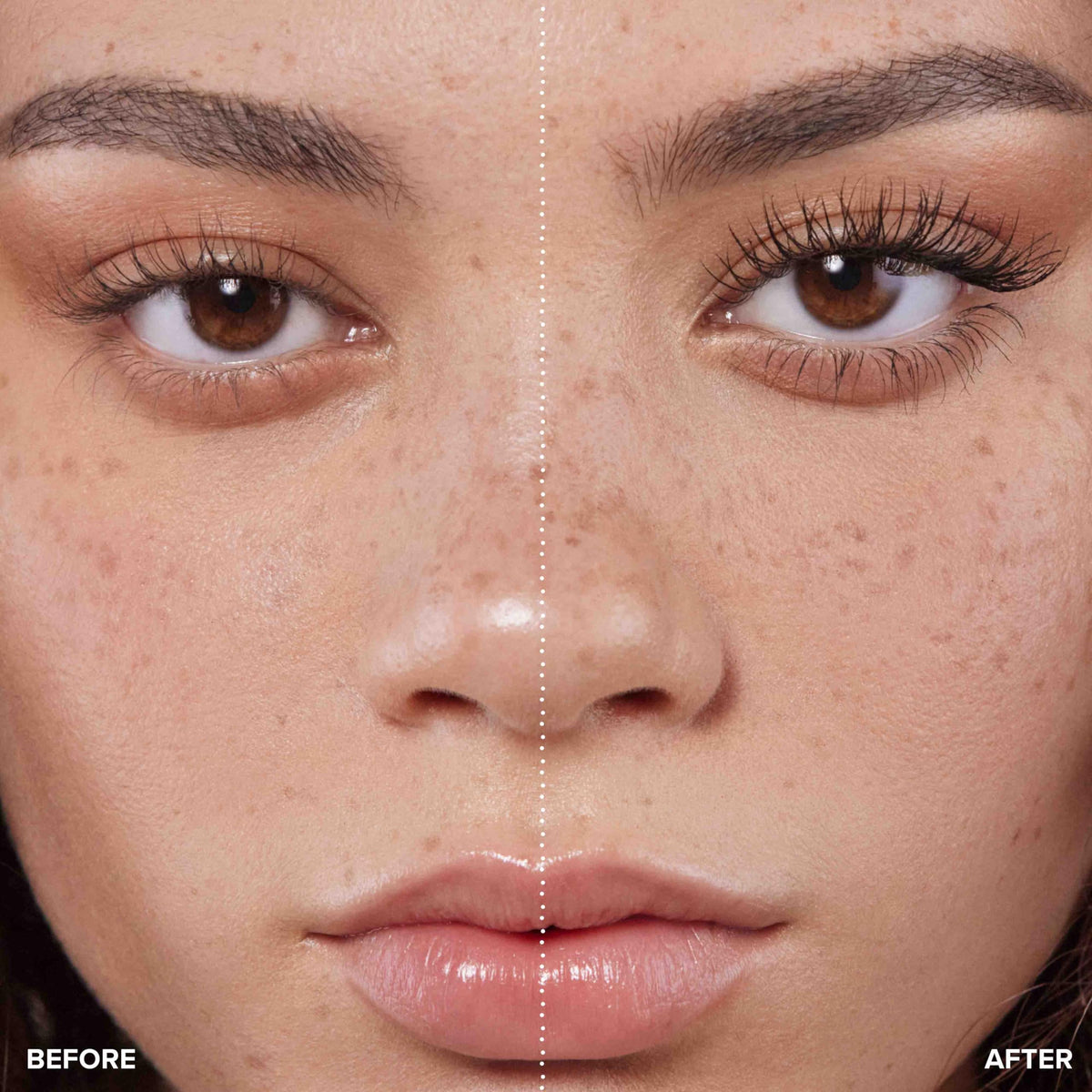 Anastasia Beverly Hills before and after lashes showing dramatic length and fan effect benefit