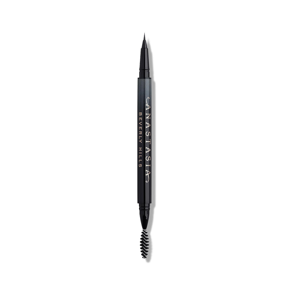Anastasia Beverly Hills front view of Microstroke Brow Pen showing sleek packaging and Ebony shade benefit