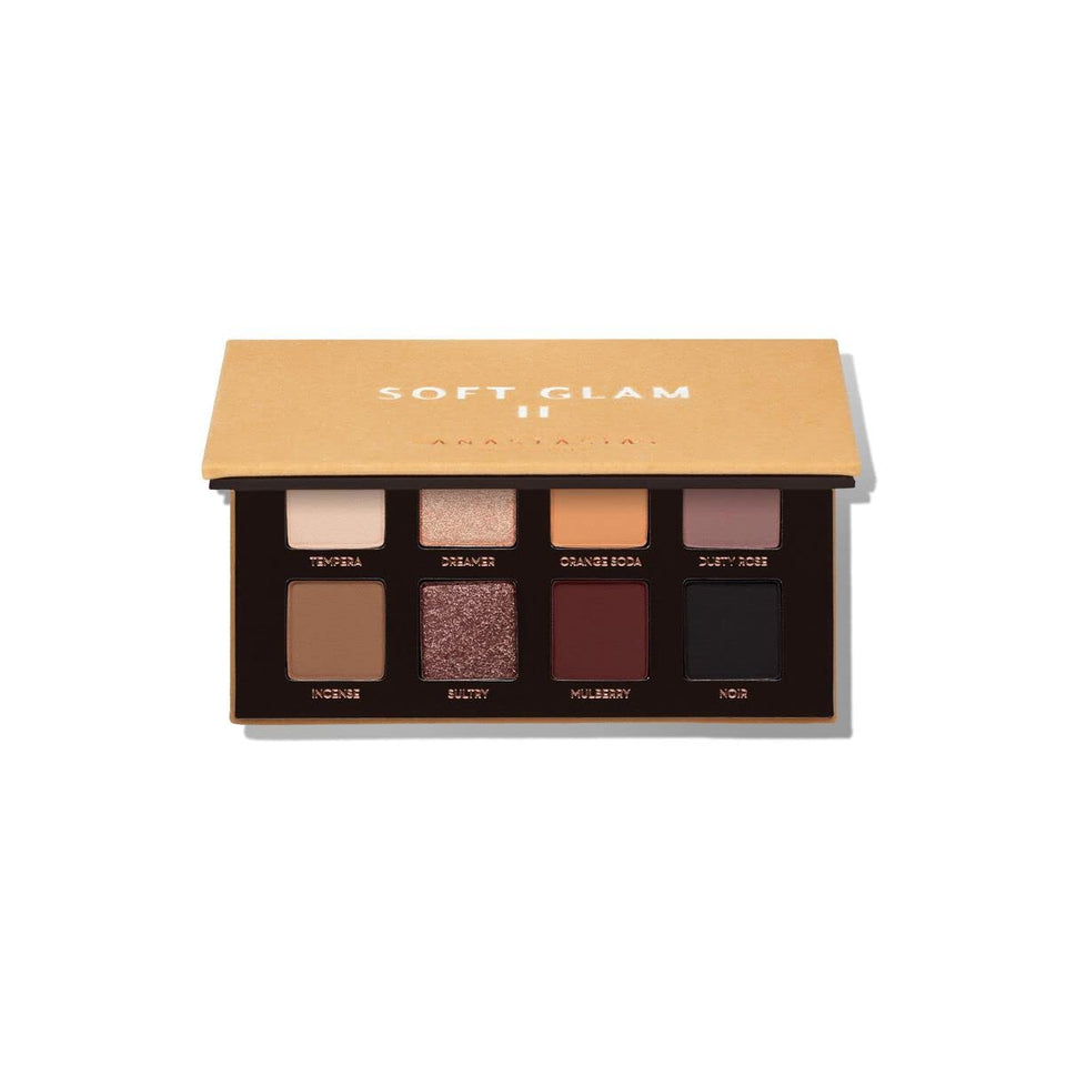 Anastasia Beverly Hills soft glam ii mini front compact open with mirror showing eight warm shades for versatile looks