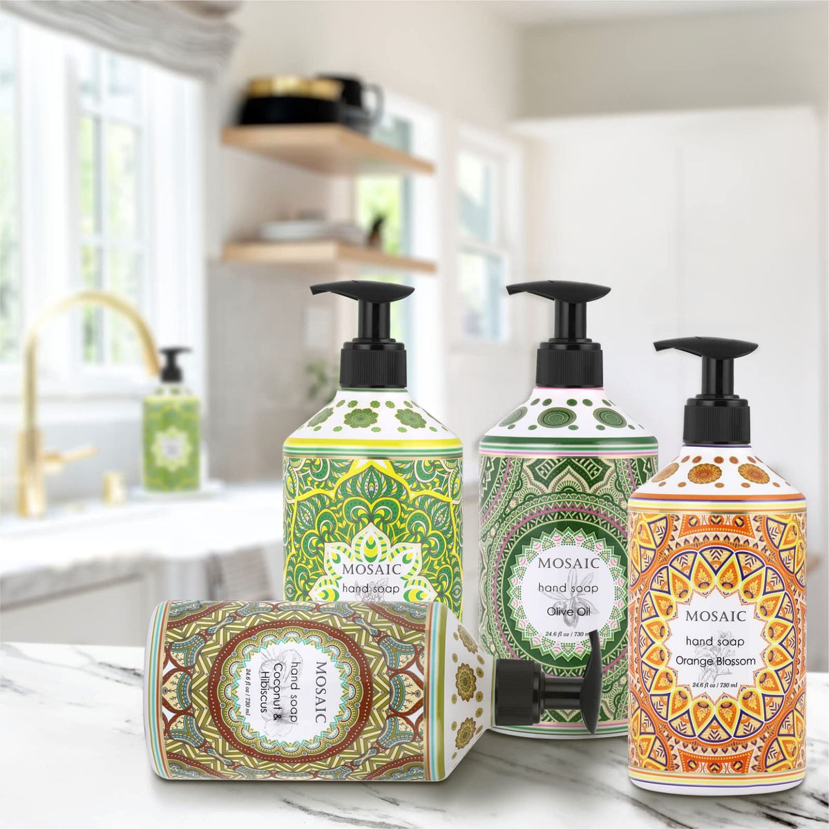 AnatoliaDaphne four bottles lined beside a sink showing large-volume convenience