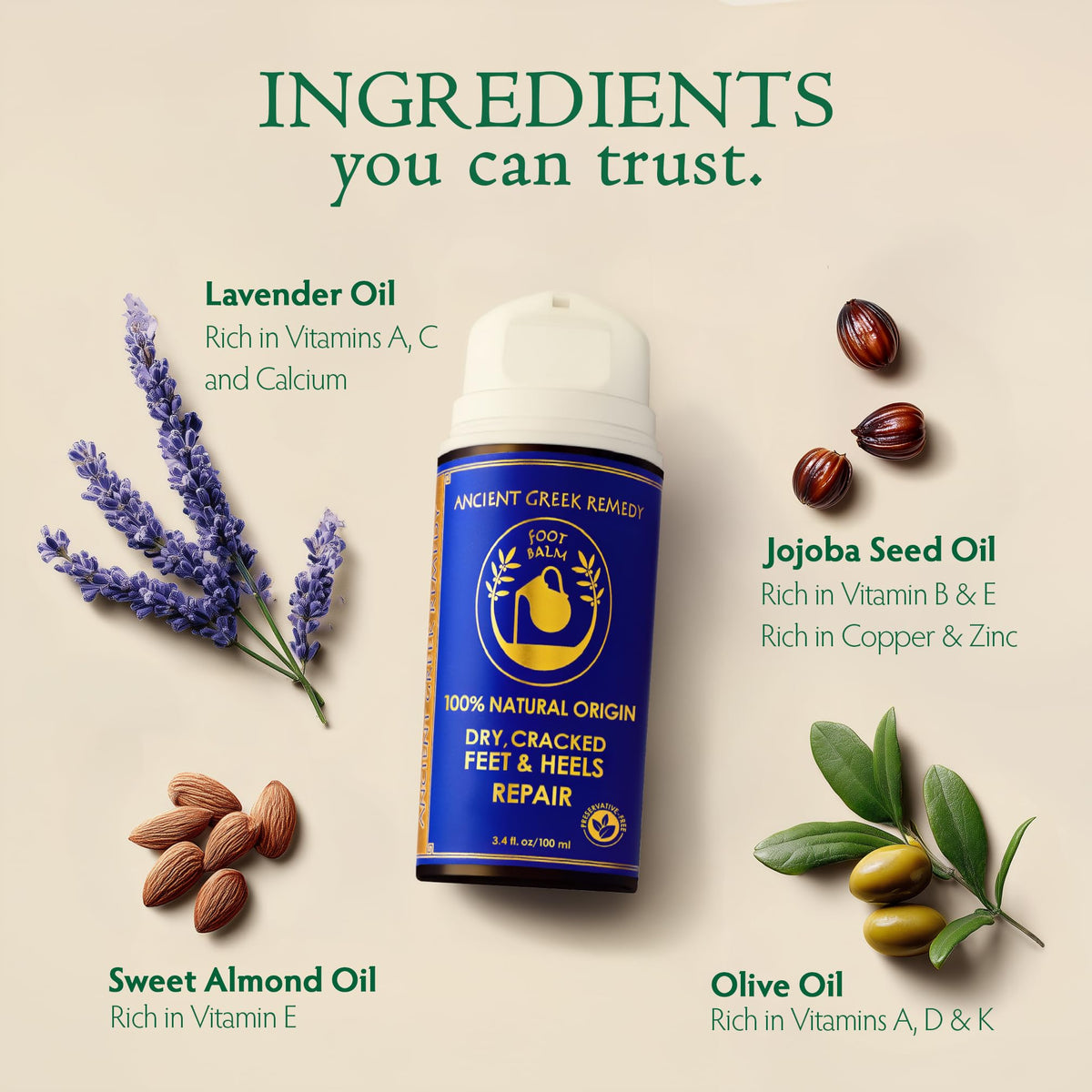 Ancient Greek Remedy label detail showing ingredient list and natural formulation transparency