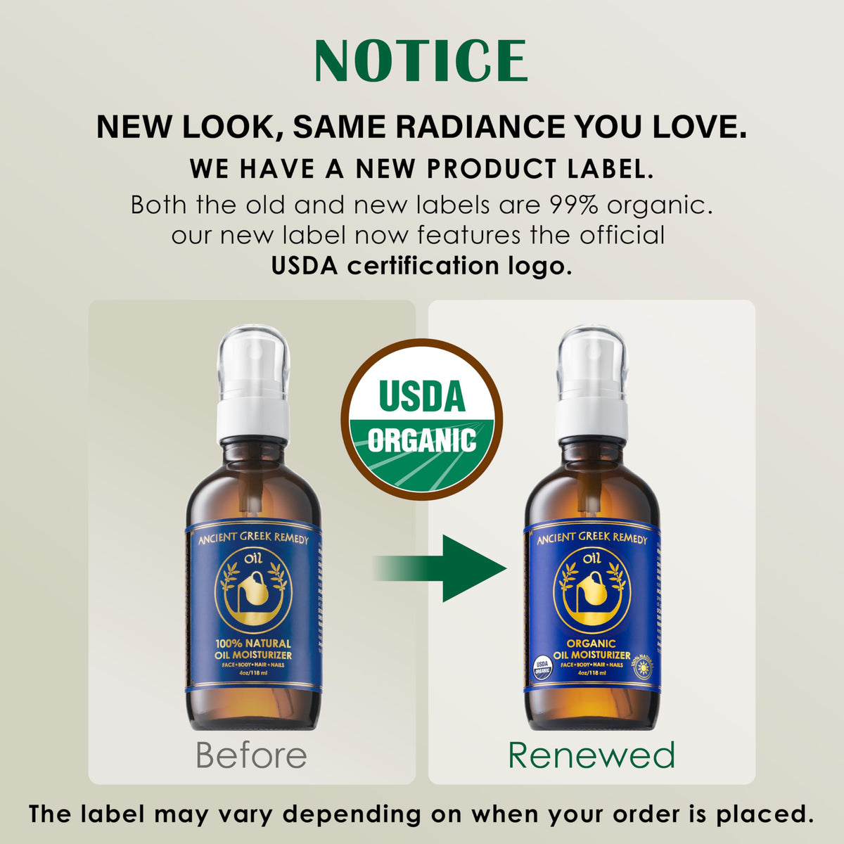 Ancient Greek Remedy pump and label detail highlighting organic ingredients benefits