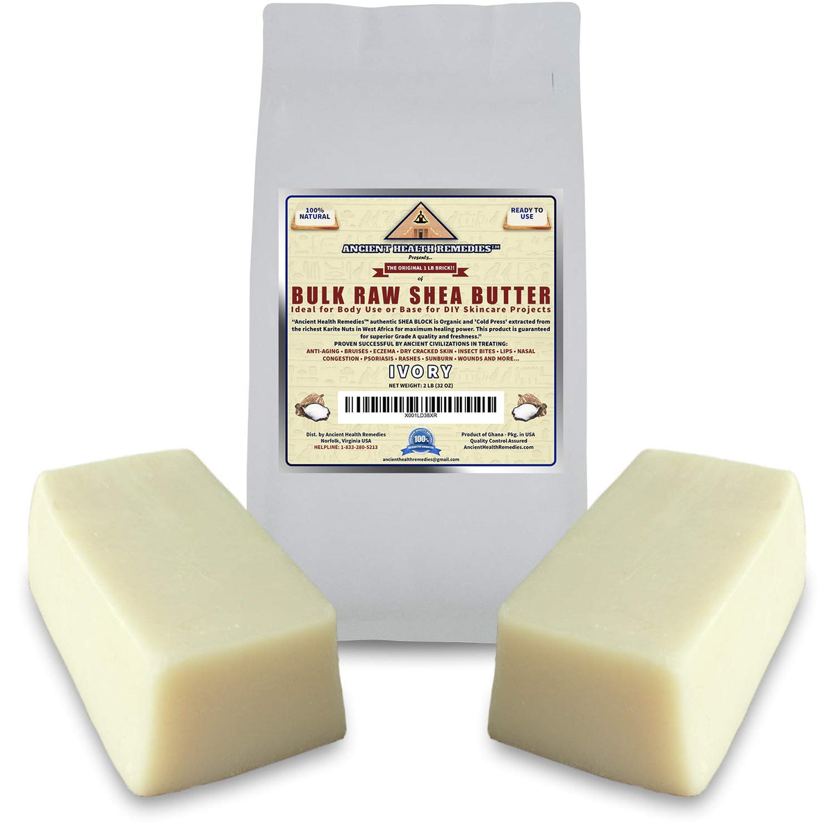 ANCIENT HEALTH REMEDIES block front view showing bulk raw shea butter and branding benefits