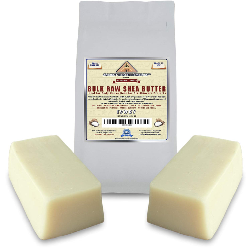 ANCIENT HEALTH REMEDIES block front view showing bulk raw shea butter and branding benefits