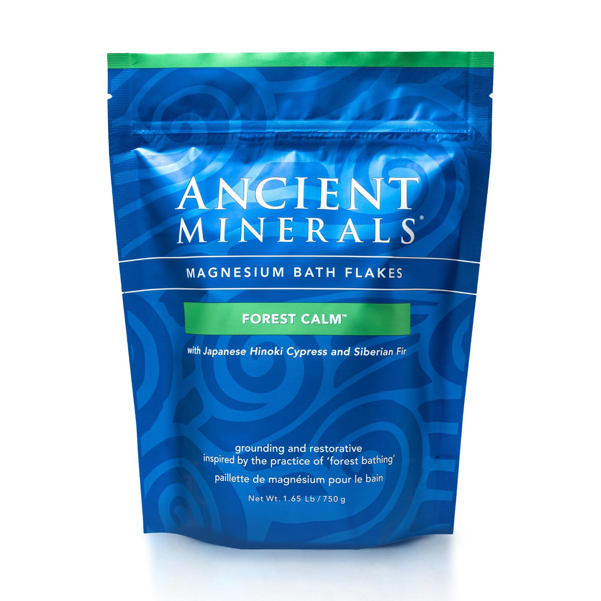 Ancient Minerals front packaging showing the Forest Calm magnesium bath flakes and resealable bag for easy storage
