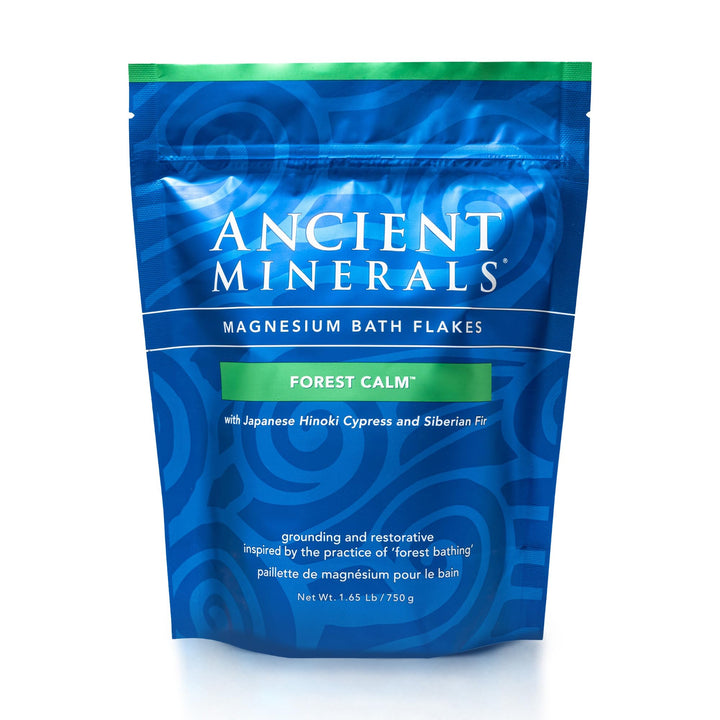 Ancient Minerals front packaging showing the Forest Calm magnesium bath flakes and resealable bag for easy storage