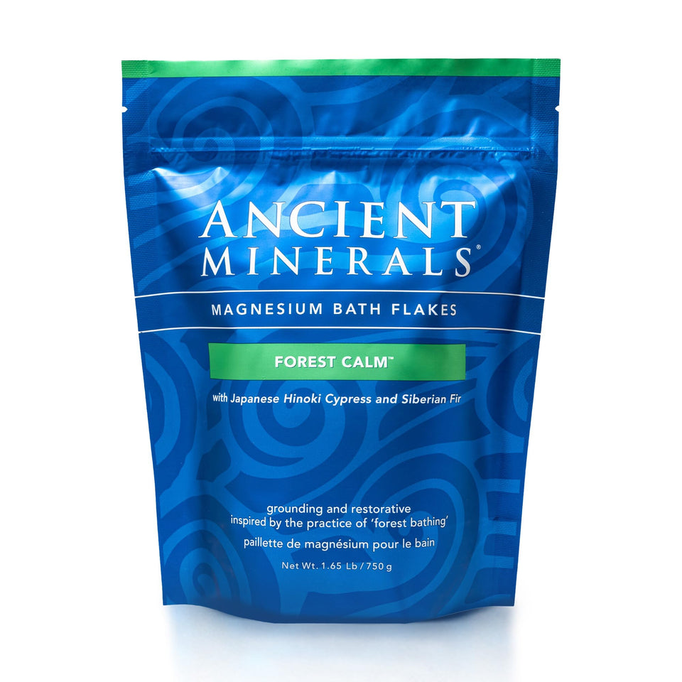 Ancient Minerals front packaging showing the Forest Calm magnesium bath flakes and resealable bag for easy storage
