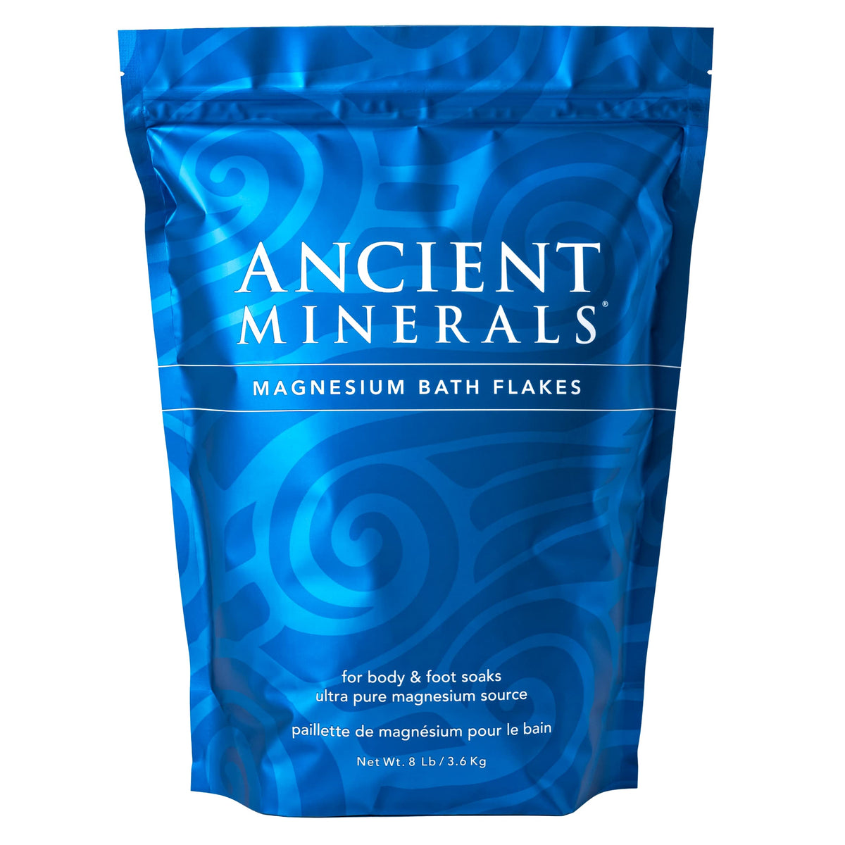Ancient Minerals front bag showing brand and 8 lb size for clear identification and storage benefit