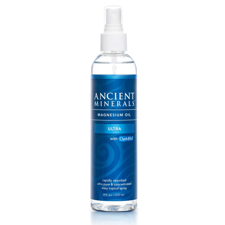 Ancient Minerals front bottle showing Ultra Magnesium Oil benefits and clean design