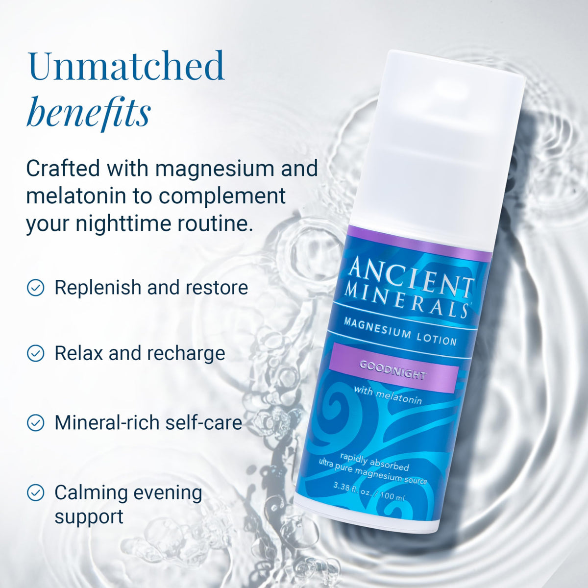 Ancient Minerals lotion texture close-up showing lightweight absorbent finish benefit