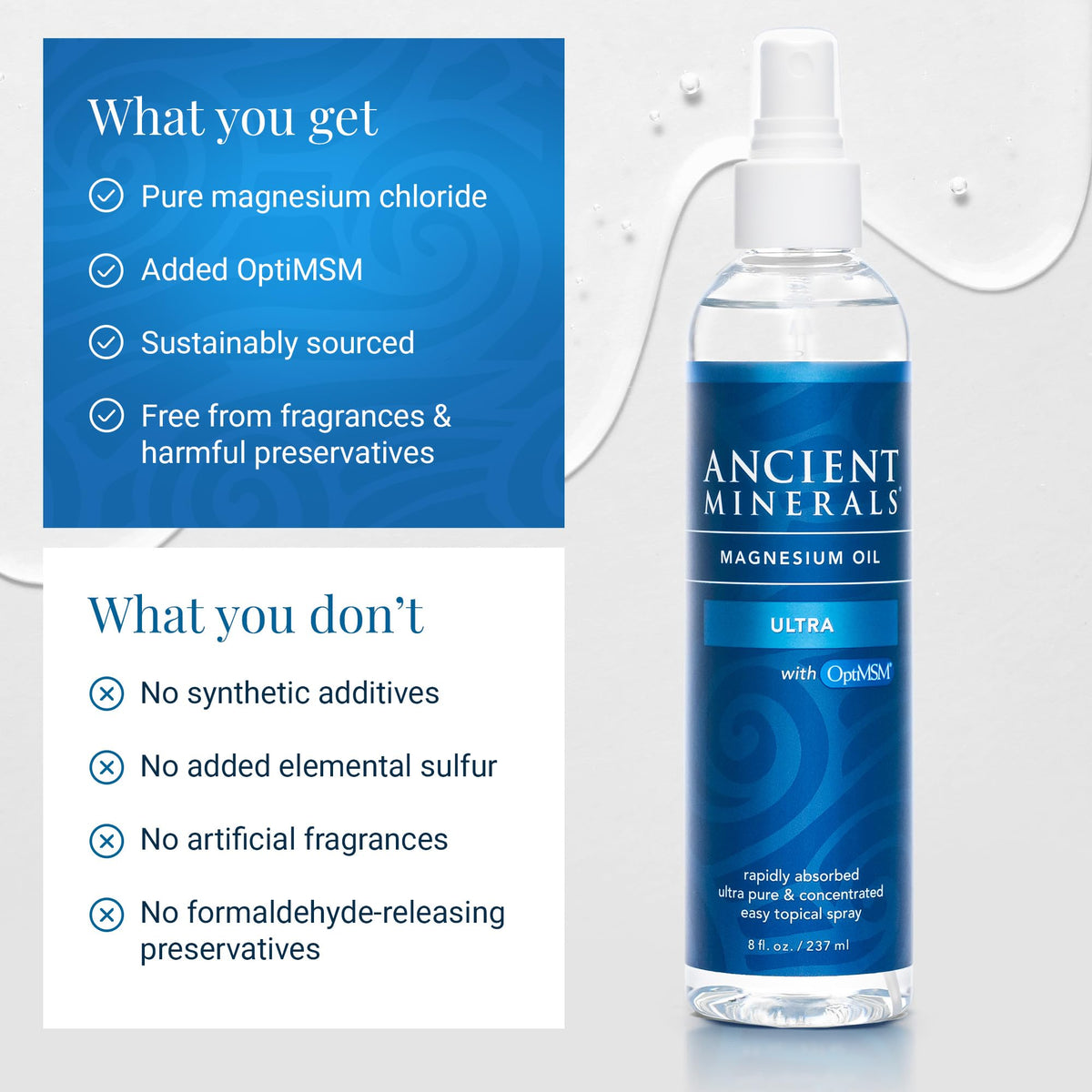 Ancient Minerals label close-up revealing ingredients and OptiMSM benefit