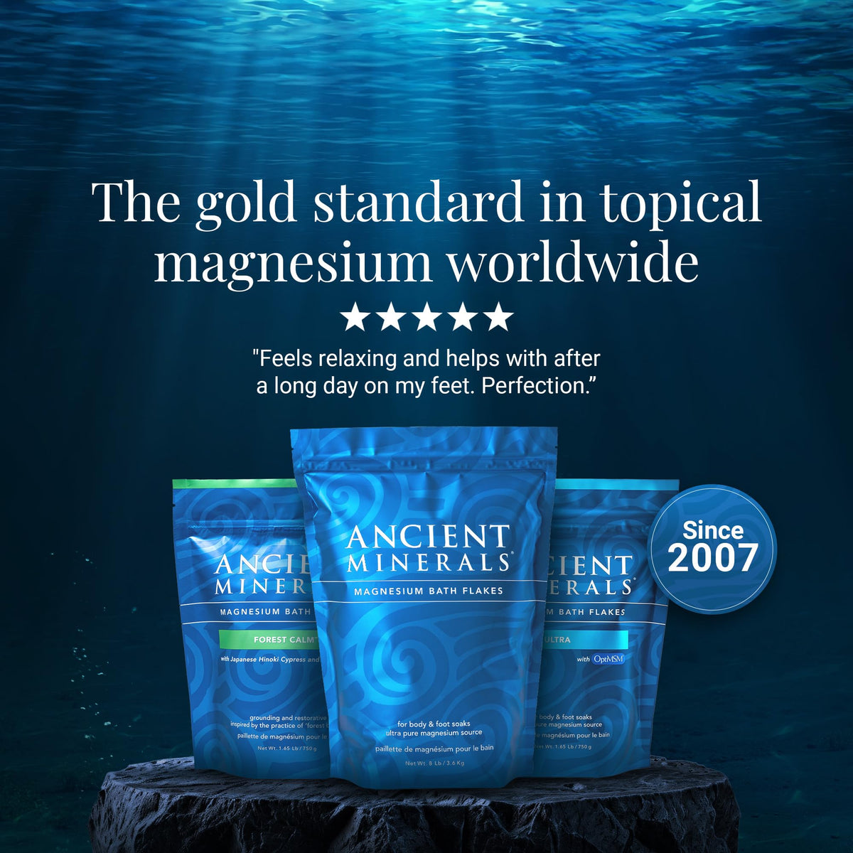 Lifestyle bathroom scene with Ancient Minerals bath prepared conveying relaxation and nightly routine benefit