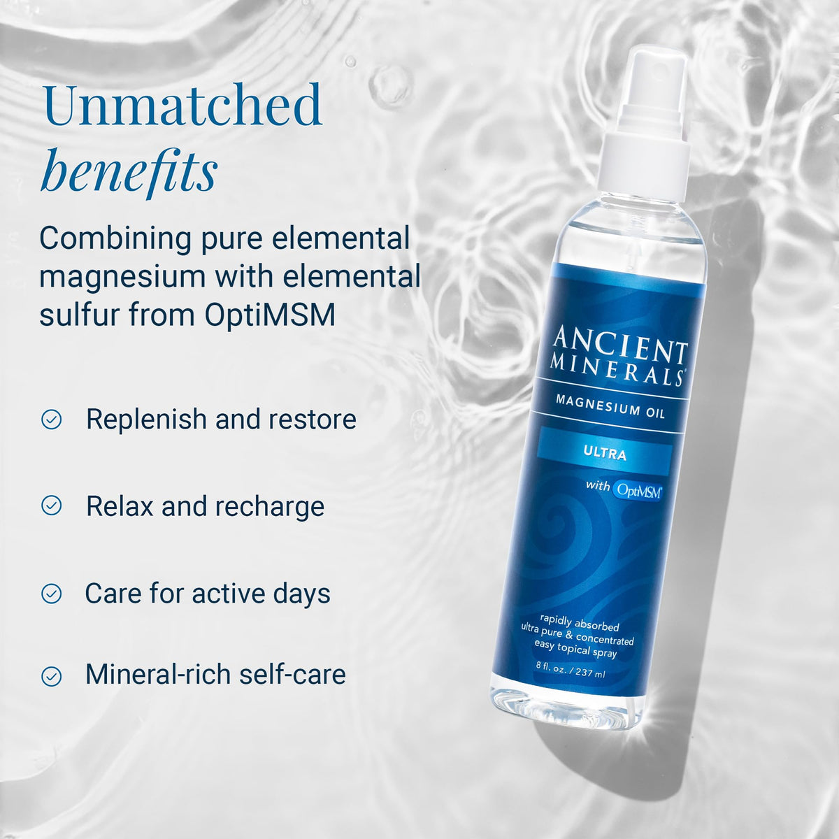 Ancient Minerals bottle beside OptiMSM powder to show added MSM