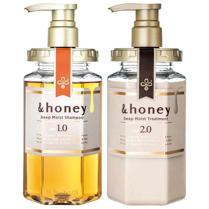 &honey front packaging showing shampoo and conditioner for hydration