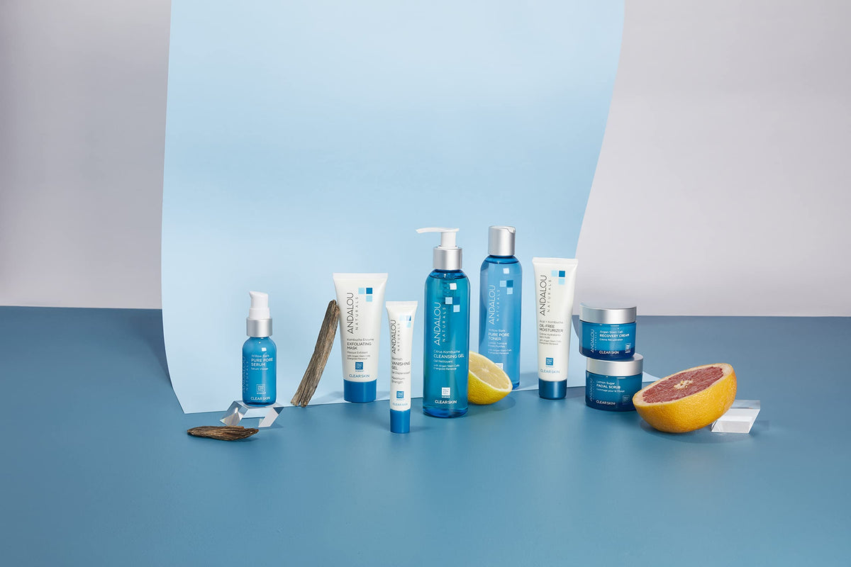 Andalou Naturals jar staged on bathroom counter suggesting daily routine benefit