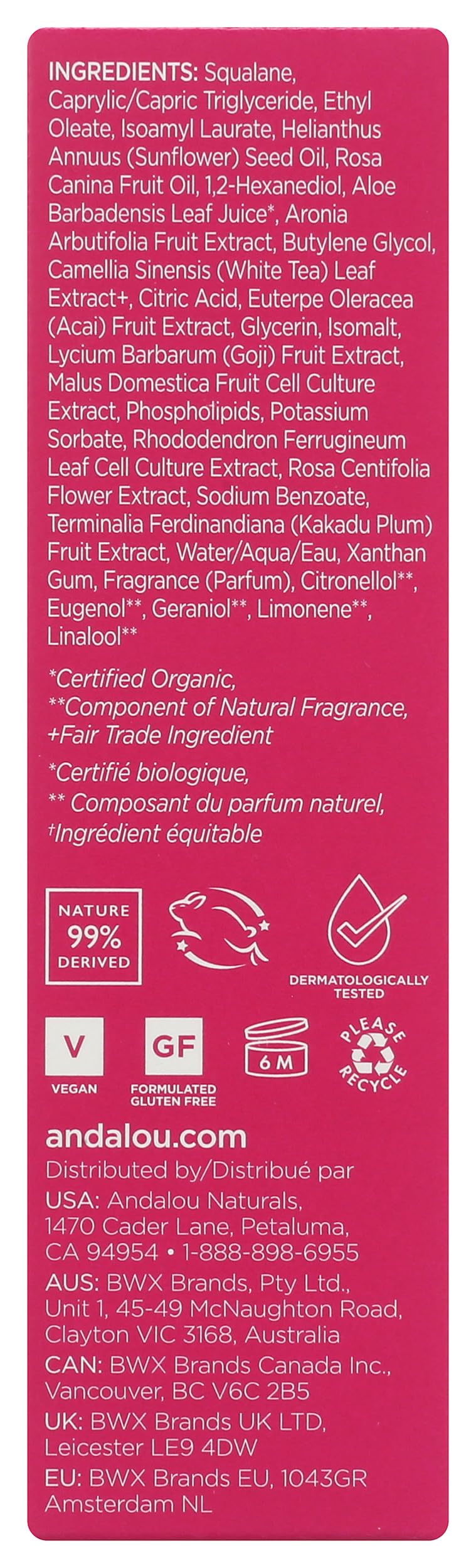 Andalou Naturals with rose petals and alpine stem cell visuals showing soothing botanicals