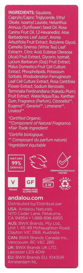 Andalou Naturals with rose petals and alpine stem cell visuals showing soothing botanicals